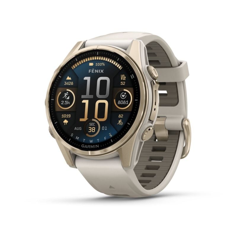 Garmin Fenix 8 Amoled Sapphire 43mm Soft Gold con Banda Gris Claro