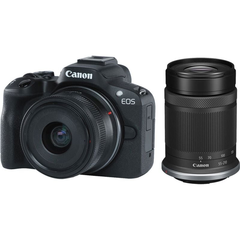 Camara Canon EOS R50 con lente de 18-45 mm y 55-210 mm