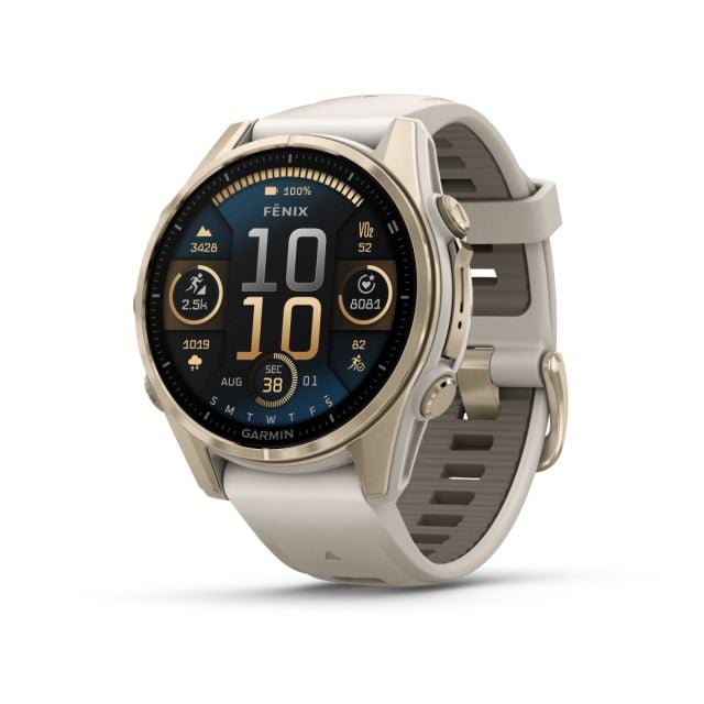 Garmin Fenix 8 Amoled Sapphire 43mm Soft Gold con Banda Gris Claro