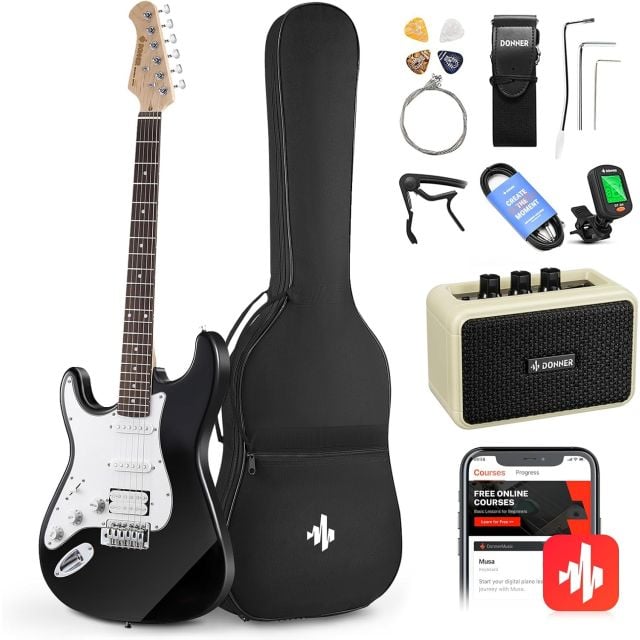 Full Pack Guitarra Donner DST-102 para Zurdos-Negro Open Box